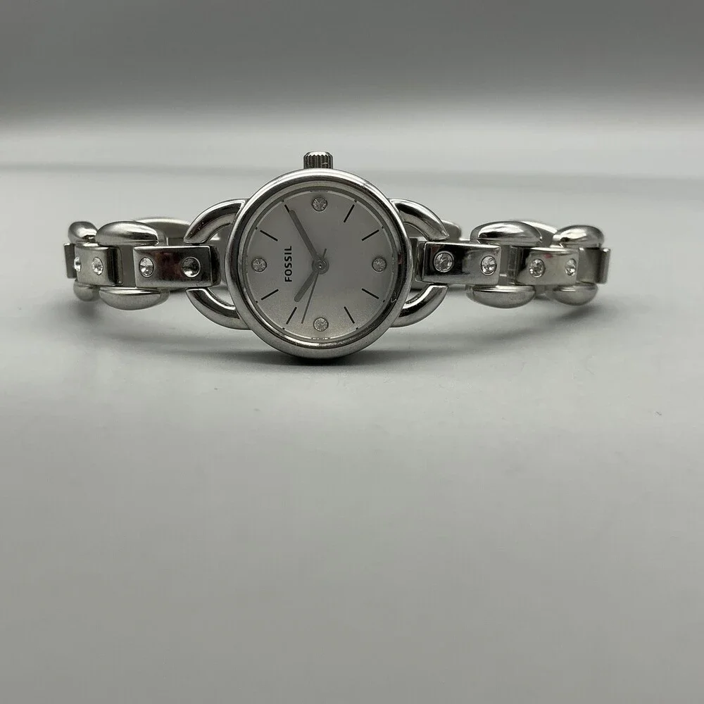 Fossil Women Watch 22mm Silver Tone Stainless Crystals ES-2561 New Battery 6.25